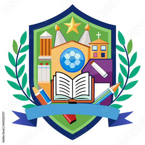Vector art of school emblem featuring an open book, educational building, sports ball, and pencils, representing learning, growth, and student life, isolated on white background