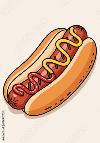 An appetizing illustration of a classic hot dog nestled in a bun, generously topped with vibrant yellow mustard and rich red ketchup.