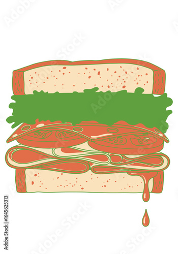 A vibrant illustration of a classic deli sandwich featuring bread, green lettuce, red tomatoes, sliced meat, and a sauce dripping from the bottom.