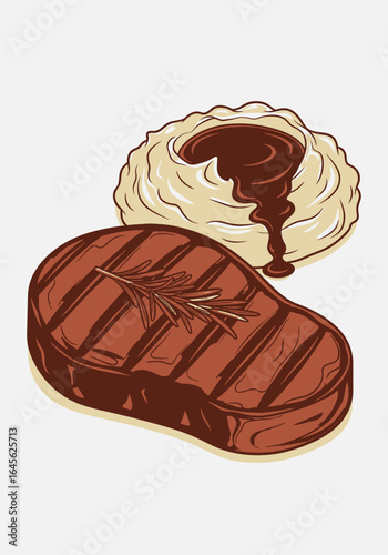 An illustration of a classic meal featuring a grilled beef steak with rosemary and a side of mashed potatoes topped with rich brown gravy.
