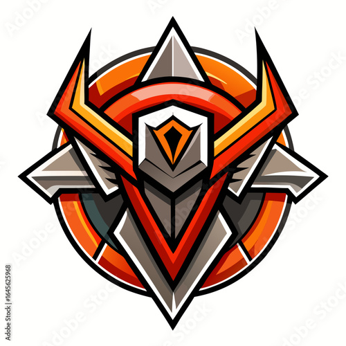 Vector art of dynamic esports logo design with a fierce warrior helmet and shield, isolated on white background