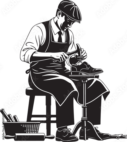 Vintage Cobbler Shoe Repair  of a shoemaker repairing a shoe, isolated on white background a craftsman at work