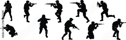Soldier silhouette collection, tactical combat poses, firearm stances, military icons, battle motion, vector shapes, war graphics, armed forces design