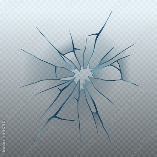 Realistic glass crack isolated on transparent background. Vector illustration of broken window, monitor display, gadget screen, car windshield, gunshot effect. Accident design element
