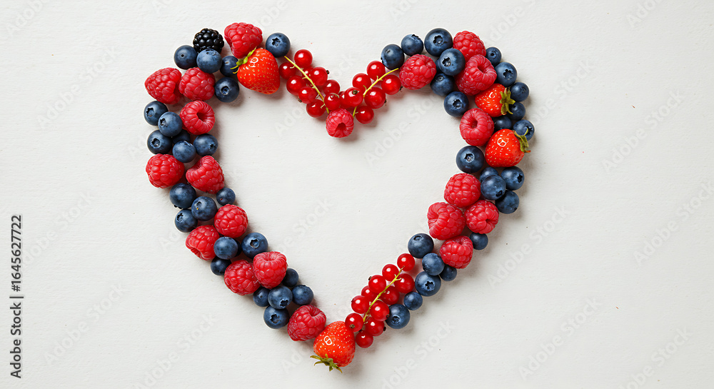 Obraz premium Heart Shape Made of Fresh Strawberries, Blueberries, Raspberries, and Redcurrants