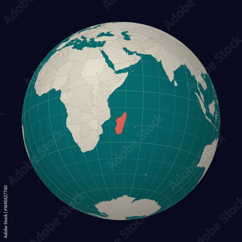 Madagascar on the map. Globe centered to Madagascar. Country location on the world map. Teal Pale Mint color palette. Globe with countries, meridians and parallels. Beautiful vector illustration.