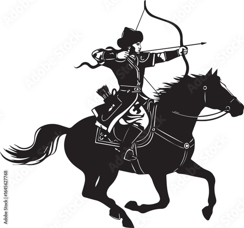 Silhouette illustration of a mongol archer on horseback with bow and arrow isolated on white background