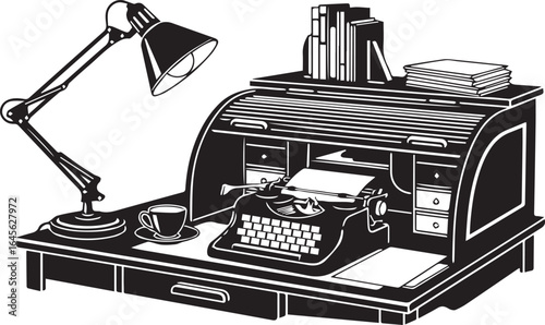 Vintage desk with typewriter and lamp isolated on white background