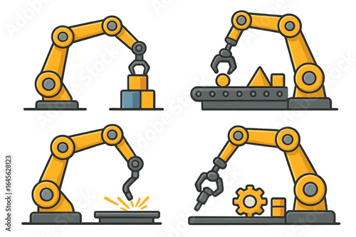 Industrial robotic arm set for factory automation. Manufacturing technology concept. Robot manipulator for conveyor belt, welding, assembly line. Vector flat icon collection.