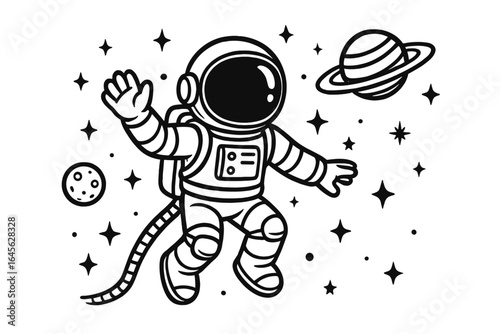 Astronaut exploring cosmic space with stars and planets. Vector cartoon illustration of a cosmonaut floating in the galaxy. Cute spaceman character for kids. Science fiction.