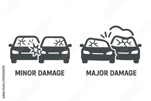 Car accident icon set showing minor and major collision damage. Vector illustration for insurance claims, auto repair, traffic safety. Vehicle crash pictogram symbols.