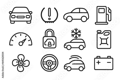 Car service and transport icon set. Auto maintenance and vehicle dashboard symbols. Automotive linear icons collection for web and mobile app design. Vector illustration.