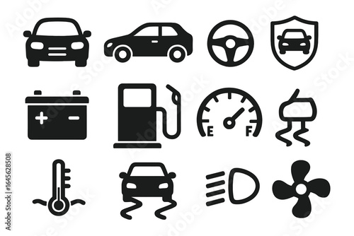 Car service icon set. Automobile maintenance and transport symbols. Vector collection of vehicle dashboard signs like fuel, battery, temperature, and safety warning.