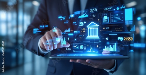 Businessman using digital banking interface on tablet with financial data analytics and futuristic holographic user interface in office background. Ai generative
