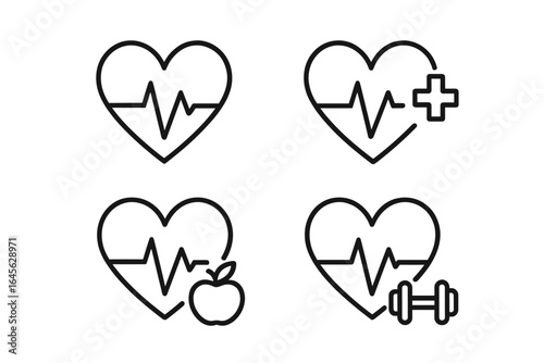 Heartbeat line icon set for health and wellness concepts. Vector symbols of a cardiogram pulse, medical care cross, healthy diet apple, and fitness dumbbell for cardiology.