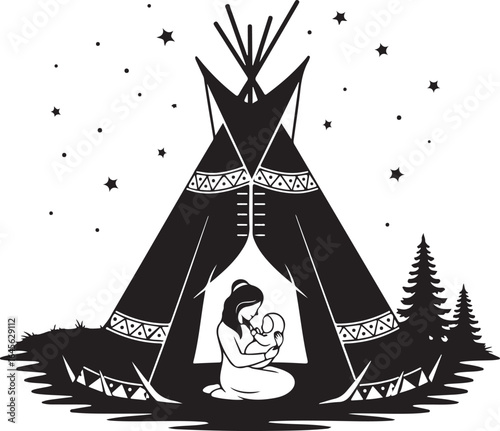 Native american woman in teepee with forest isolated on white background