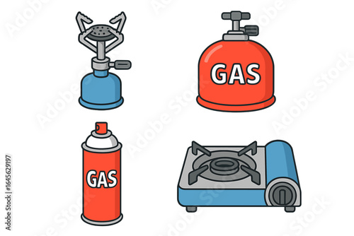 Collection of portable gas stoves and fuel canisters. Camping burner, cooker, and butane cartridge icons. Outdoor cooking equipment for hiking, travel, and picnic. Vector set.