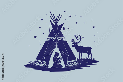Native american woman in teepee with deer and moon on blue background