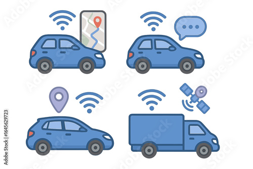 Connected car icon set showing smart vehicle technology. Features include wireless communication, GPS navigation, location tracking, satellite, and telematics for modern transport.