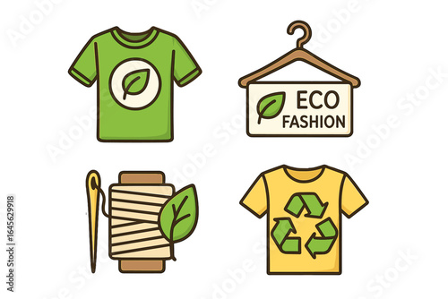 Sustainable fashion icon set. Eco-friendly clothing, textile recycling, and slow fashion concepts. Natural fabric, ethical production, and conscious consumerism symbols. Vector.