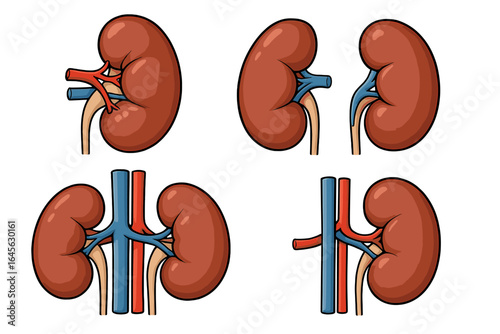 Human kidney vector icon set. Medical anatomy illustration. Diagram of renal system with artery and vein. Biology educational cartoon graphic. Urology organ symbol collection.