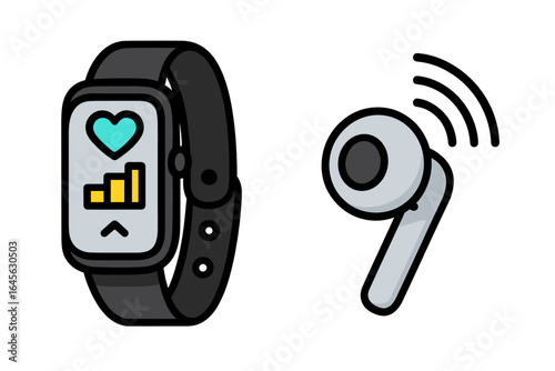 Smartwatch fitness tracker with heart rate monitor and activity graph. Wireless bluetooth earbud for music during sport workout. Wearable technology gadgets icon set.
