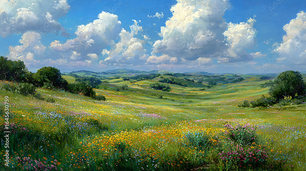 Fototapeta premium A canvas of green meadows dotted with vibrant wildflowers under a blue sky (3)