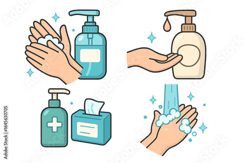 Hand washing and sanitizing icon set. Hygiene concept with liquid soap dispenser, alcohol sanitizer gel. Cleaning hands with foam to prevent virus and bacteria. Vector.