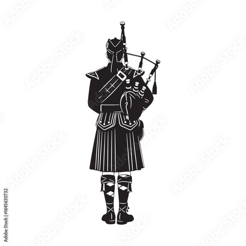 Silhouette of a scottish bagpiper in traditional dress from behind isolated on white background