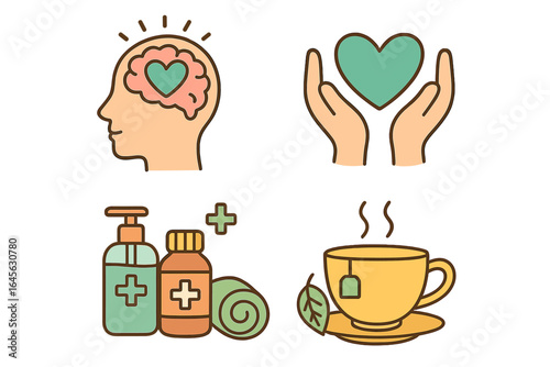Mental health and wellness vector icon set. Self-care, psychology, and support concepts. Brain with heart, hands care, medicine, and relaxing tea cartoon illustrations.