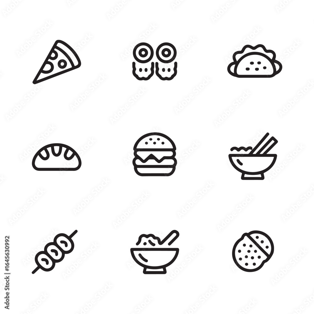 Set of nine black outline food icons on white background pizza sushi taco bread burger rice bowl skewer dumplings