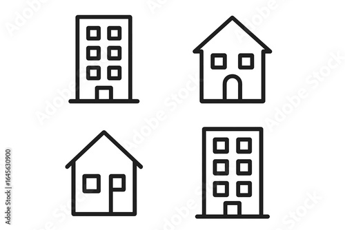 Set of building and house line icons. Simple vector illustrations for real estate, property, and architecture concepts. Minimalist outline symbols for residential homes and apartments.