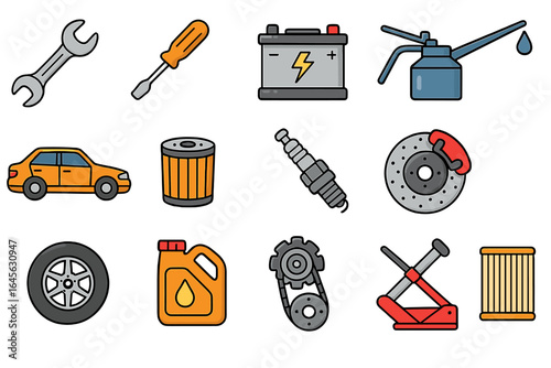 Car service and auto repair icon set. Vector illustration of automotive maintenance elements, tools, engine parts and accessories for a garage or mechanic shop.