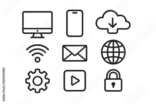 Technology icons set in thin line style. Web and mobile UI UX interface graphic design elements. Vector symbols: computer, smartphone, cloud, wifi, mail, globe, security.