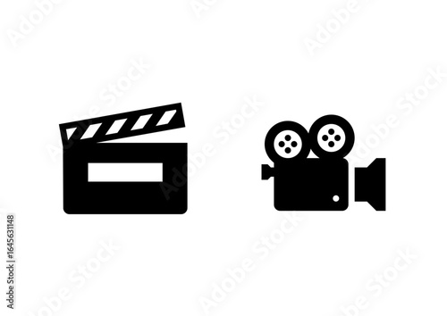 Black film production icons, including a film clapper board and a vintage film camera. Simple and minimalist vector style.
