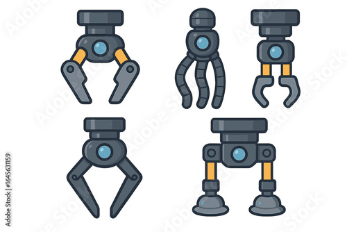 Robotic Grippers, Arms, and Manipulators for Industrial Automation & Advanced Manufacturing, Engineering, Production Line, Technology in Flat Cartoon Vector Illustration, Transparent Background.
