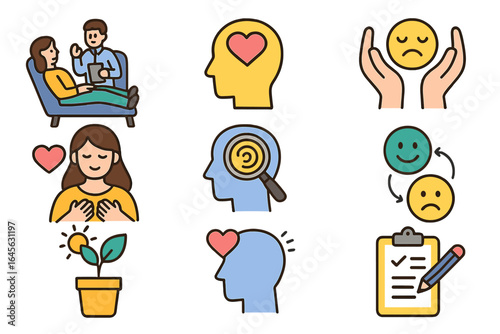 Mental health icon set. Psychology, therapy session, self-care, and emotional well-being concepts. Symbols for personal growth, mood swings, depression support & counseling.