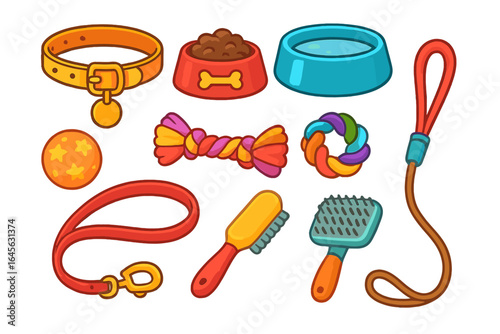 Pet accessory collection with collar, leash, bowl for food and water, toys and grooming tools. Vector cartoon illustration set for pet shop, veterinary clinic or dog care.