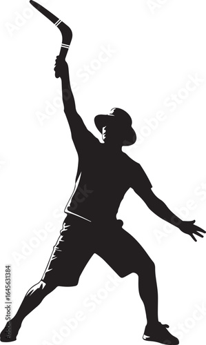Silhouette of a man throwing a boomerang in the air isolated on white background