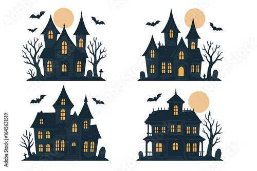 Halloween haunted house vector set. Spooky ghost mansion illustrations. Scary gothic architecture with full moon, bats, graveyard. Creepy horror night cartoon collection.