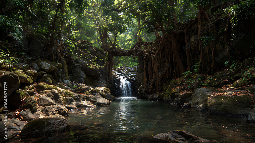 Fototapeta premium A hidden waterfall in the heart of a dense forest