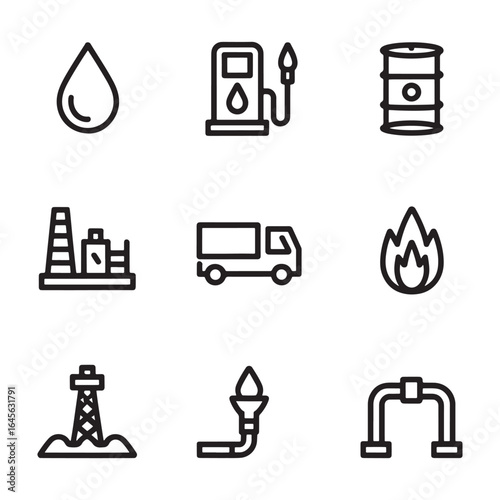 Set of nine black outline icons representing oil and gas industry elements on a white background oil drop