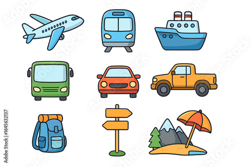 Travel icons set for vacation and adventure planning. Collection of transportation modes like airplane, train, ship, bus, and car. Tourism and journey symbols.