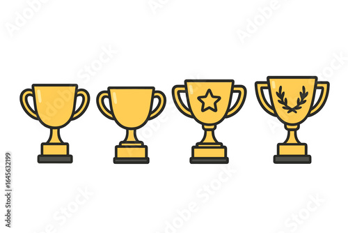 Gold trophy cup award icon set. Prize for winner success and achievement. Victory symbol for champion. Golden cups for first place competition. Flat vector illustration.