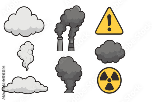 Collection of environmental pollution icons. Vector set with smoke, factory chimneys, smog clouds, and hazard warning signs like radiation and exclamation mark symbols.