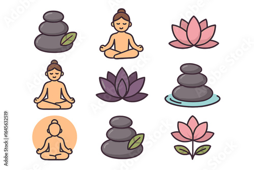 Meditation and yoga icon set. Symbols of tranquility, harmony, and balance. Zen garden stones, lotus flower, and meditating person in lotus pose. Spa and wellness vector.