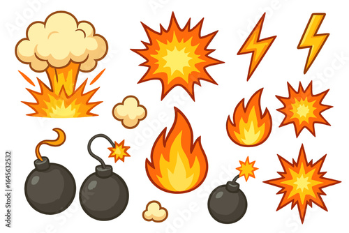 Set of cartoon explosion effects. Comic book boom, fire, bomb and smoke clouds. Vector blast and bang symbols for game design. Lightning bolt and dynamite flash icons.