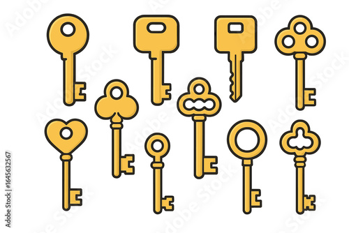 Golden key set vector illustration. Collection of old, vintage, antique and modern keys icons. Flat cartoon design symbols for access, security, secret or solution.