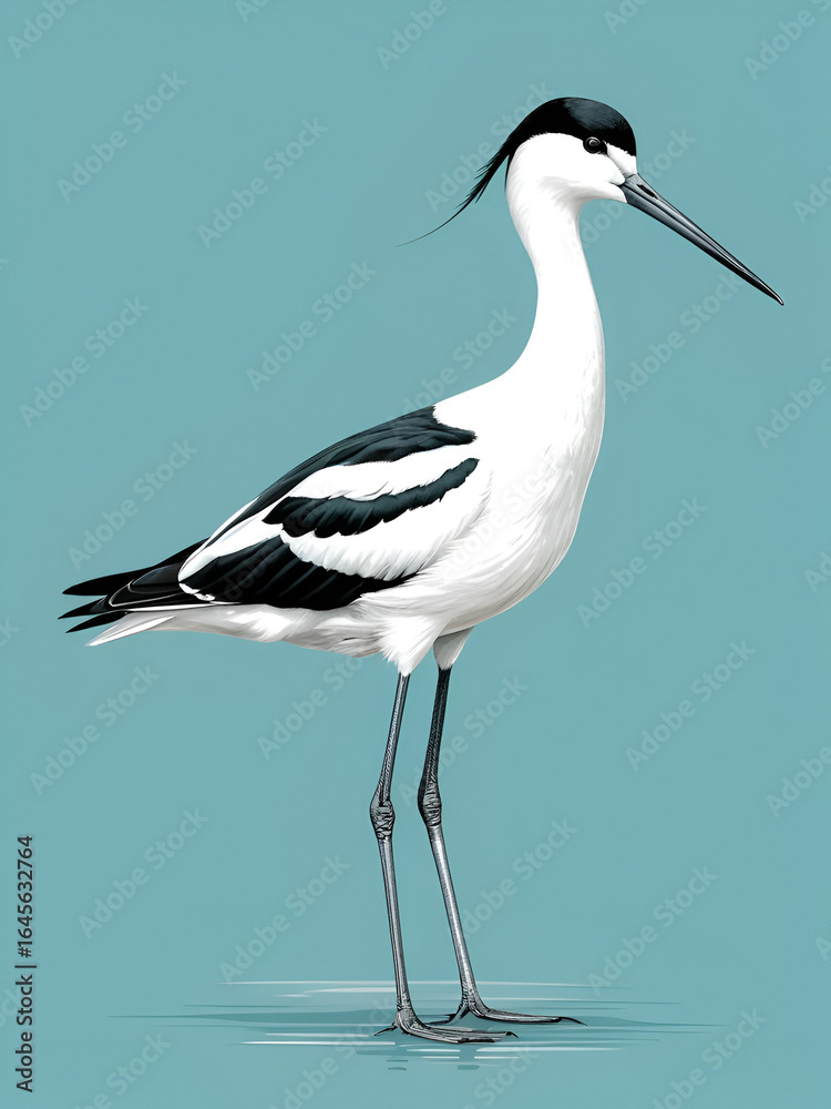 Obraz premium An avocet bird with long legs and beak, illustrated graphically