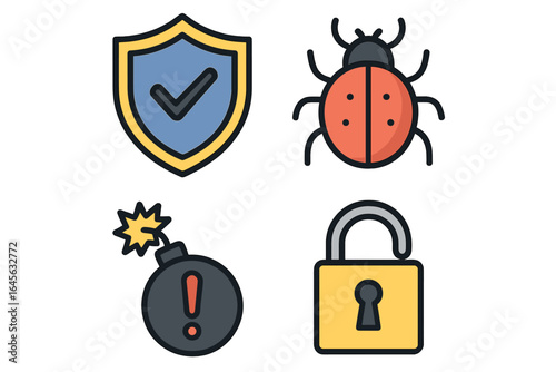 Cybersecurity icon set with security shield, computer virus bug, bomb threat, and unlocked padlock. Vector illustration concept for data protection, network safety, and cyber attack.